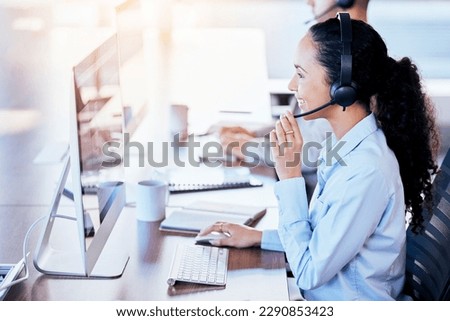 Call center, computer and consulting with woman in office for customer service, technical support or help desk. Telemarketing, contact us and communication with employee for legal advice and operator Royalty-Free Stock Photo #2290853423