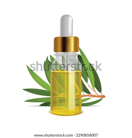 Tea Tree Oil Bottle with Leaves. Tea Tree Realistic Elements for Banners Advertisement Fliers Posters. Vector Isolated Illustration Royalty-Free Stock Photo #2290858007