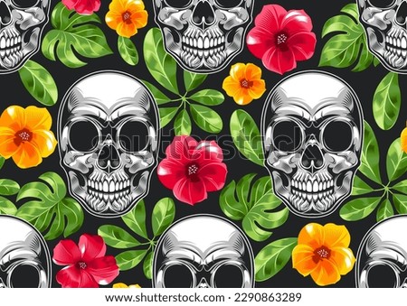 hawaii  skull seamless pattern with flower shirt background, image punk background, bone street comic art, textile summer fashion, artwork for fabric print, clothes, handkerchief or banner website