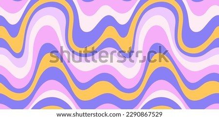 Groovy Waves Horizontal Background. Psychedelic Abstract Curves Vector Seamless Pattern in 1970s Hippie Retro Style for Print on Textile, Wrapping Paper, Web Design and Social Media.
