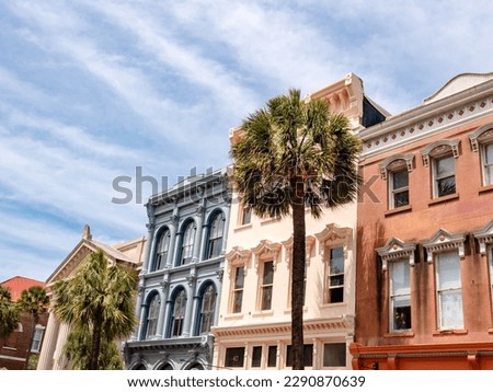 Colorful row of houses on Broad Street, in the historical district of Charleston, SC. Royalty-Free Stock Photo #2290870639