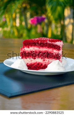 The photo shoot was set up with a plain white background to make the vibrant red color of the cake slice stand out. A single slice of red velvet cake was carefully placed on a white plate, and positio
