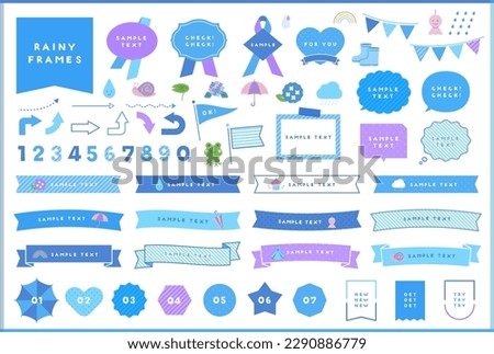 Cute rainy blue illustration, frame and ribbon design set. This collection includes speech balloon, doodles, arrows,icons, flowers, hydrangea, nature, plants, umbrellas and more.