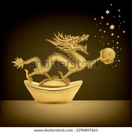 The sculpture of wooden fly golden dragon the symbolic of wealth and powerful in chinese belief isolated on black Background