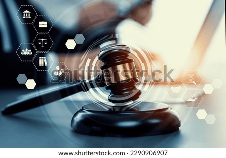 Smart law, legal advice icons and lawyer working tools in the lawyers office showing concept of digital law and online technology of astute law and regulations . Royalty-Free Stock Photo #2290906907