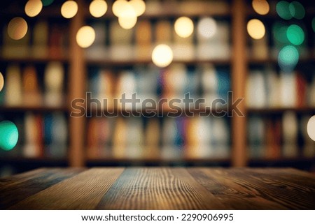 Wooden tree with books on blur background of library with bookshelf. Flawless
