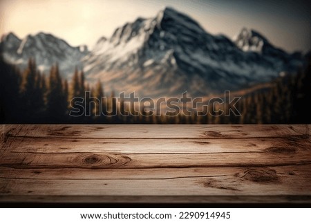Outdoor wooden table on blur natural mountain landscape background. Flawless