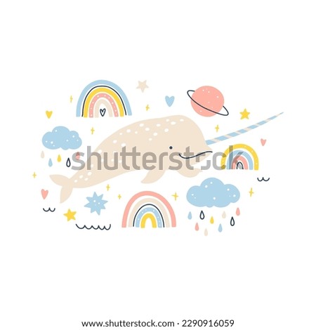 Narwhal in simple hand drawn scandinavian style. Cute sea animal with simple rainbow elements with rain, planets and stars in a colorful pastel clean palette. Vector isolate on a white background.