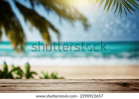 Empty rustic wooden table on blur background of beautiful beach for mockup summer product display or travel ad. Picnic table with customizable space on table-top for editing. Flawless Royalty-Free Stock Photo #2290923657