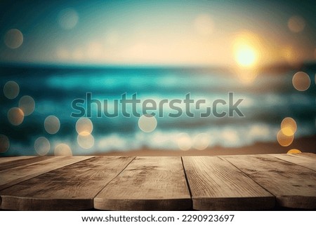 Table top view with blurred seascape summer beach background. Flawless