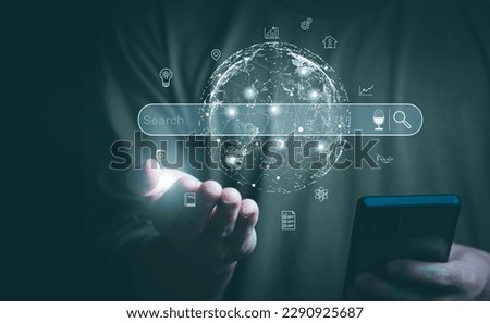 Information search technology, search engine optimization, male hand using a smartphone to search information, using the search bar function on your website