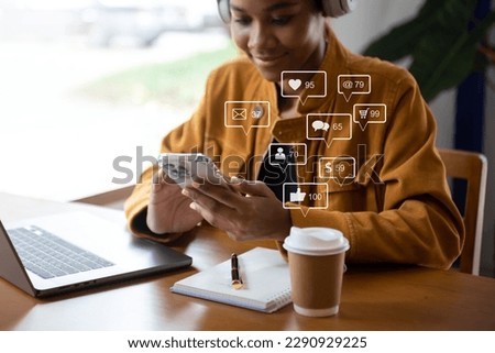 Social media and Marketing virtual icons screen concept. businesswoman typing keyboard tablet with laptop computer and smart phone