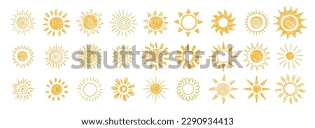 Sun hand drawn set. Yellow elements and symbols of rays and light in doodle style. Funny line art icons for covers, diaries and notebooks. Linear flat vector collection isolated on white background