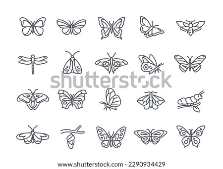 Butterflies icons set. Outline elements for diaries with beautiful wings. Simple stickers with cute insect for app in line art style. Liner flat vector collection isolated on white background
