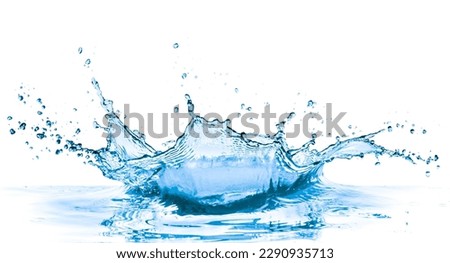 splashing blue water on white background creating a crown shaped explosion
