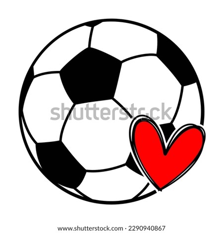 Soccer ball with hand drawn red heart on white background. Isolated illustration.