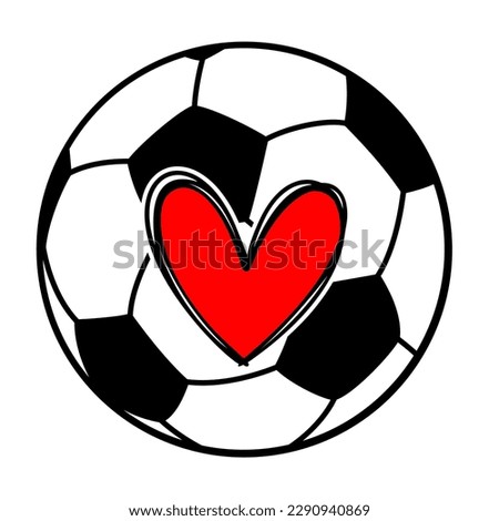 Soccer ball with hand drawn red heart on white background. Isolated illustration.
