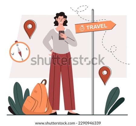 Concept of travel. Woman with smartphone stands and looks at compass. Navigation and geolocation, GPS. Travel and tourism. Hiking and camping. Cartoon flat vector illustration