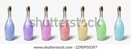 Set of colourful champagne bottles isolated on white background. Unusual alcohol drink. Panoramic banner view.