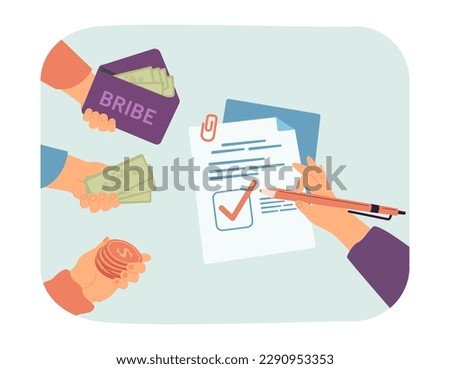Hands giving cash to person signing contract vector illustration. Drawing of document with checkmark and hand holding pen, people bribing for successful deal. Corruption, finances, bribery concept Royalty-Free Stock Photo #2290953353