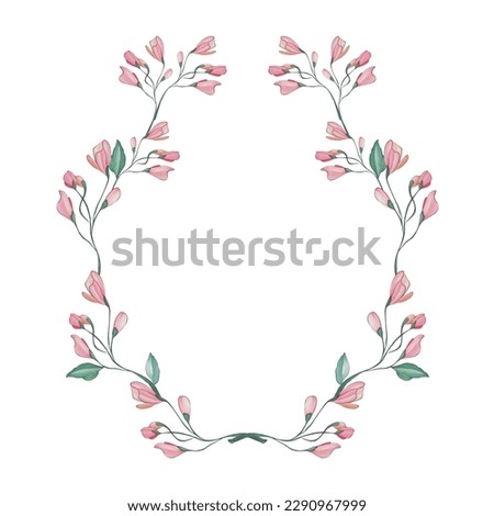 Watercolor floral wreath, frame, bouquet with green leaves, pink flowers and branches, for wedding stationary, invitations, greeting card, printing