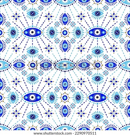 Background of Turkish evil eye symbols. Ethnic style blue greek protection from the spoilage signs with golden details. EPS 10 vector seamless pattern for wrapping paper, textile, package print. Royalty-Free Stock Photo #2290970511