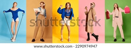 Horizontal banner with portraits of happy young girl doing different activities shopping, training, dancing, studying over multicolored backgrounds. Concept of active lifestyle and happiness