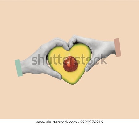 Creative art collage of hands hold an avocado in the shape of a heart. Popular fruit. Modern design. Copy space.
 Royalty-Free Stock Photo #2290976219