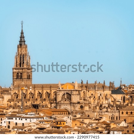 Telephoto lens view of the Cathedral of Toledo. The Primatial Cathedral of Saint Mary of Toledo is a Roman Catholic church in Toledo, Spain. It is the seat of the Metropolitan Archdiocese of Toledo