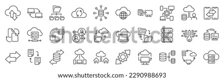 Set of 30 line icons related to data exchange, traffic, files, cloud, server. Outline icon collection. Editable stroke. Vector illustration Royalty-Free Stock Photo #2290988693