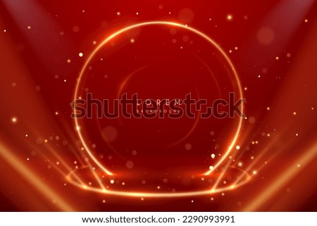 Golden light rings stage on red background with rays