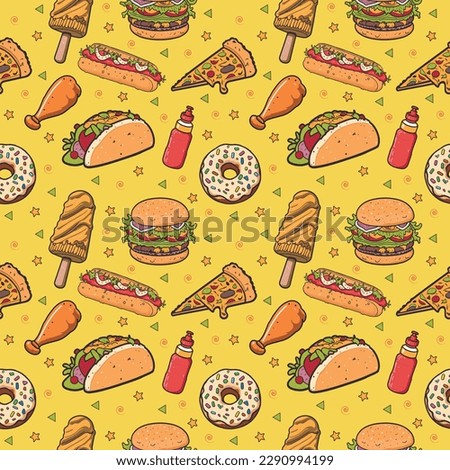 Seamless pattern of fast food. Barger, Taco, pizza, Donut, Ice cream, hot dog vector, on yellow background  