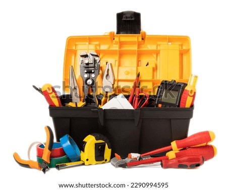 Composition with electrician tools and accessories isolated on white background. Tool box. Electrician's tool. Banner.MOCKUP Royalty-Free Stock Photo #2290994595