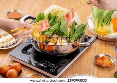 enjoy eating Shabu Shabu and Sukiyaki in hot pot at japanese 
restaurant Royalty-Free Stock Photo #2290995535