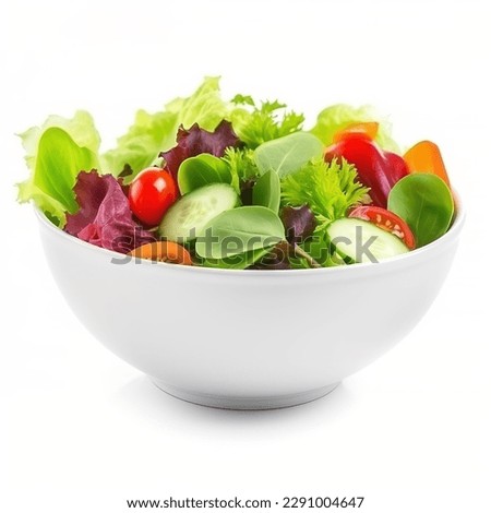 Salad bowl with spinach, cherry tomatoes, lettuce, cucumber and many more vegetables isolated on white background. Royalty-Free Stock Photo #2291004647