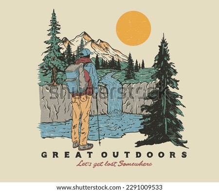 Mountain lake graphic artwork. The great outdoors. Explore more print design. Outdoor at the mountain retro print design for t shirt and others.
