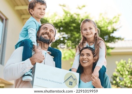 Real estate, sale and happy family outside of new house, excited and smiling in a garden. Property, purchase and kids with parents in a backyard of dream home after moving, relocation and celebration
