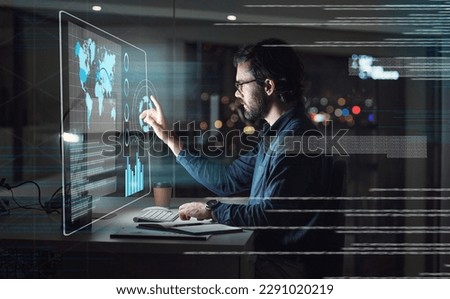 Computer screen, hologram and business man with digital data analysis, global coding and programming at night. holographic, software overlay of IT person, information technology research and desktop