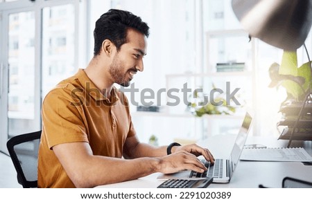 Business, laptop and man typing, smile and planning for new project, productivity and upgrade website. Male employee, consultant and worker with technology, happiness and ideas with online reading Royalty-Free Stock Photo #2291020389