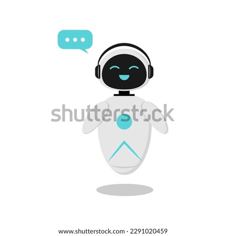 Illustration of a sticker with a happy robot who wants to communicate. A robot with artificial intelligence to communicate in a chat bot. The design is minimalistic in flat style. Royalty-Free Stock Photo #2291020459