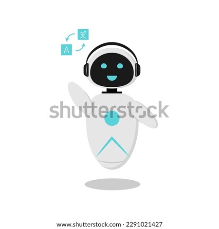 Illustration of a sticker with a robot that translates. A robot with artificial intelligence to communicate in a chat bot. The design is minimalistic in flat style. Royalty-Free Stock Photo #2291021427