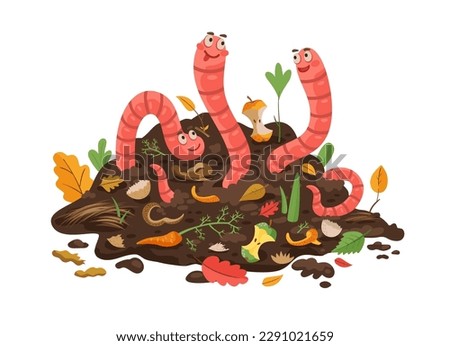 Cartoon compost worm in soil. Isolated vector funny earthworm characters with smiling faces stick out of compost pile with organic waste. Useful insects in garden, nature invertebrate pest creatures