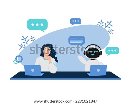 Illustration with a robot and a woman who communicate in a chat bot. Illustration with an AI chatbot. Made in a minimalist flat style, blue shades are used. Royalty-Free Stock Photo #2291021847