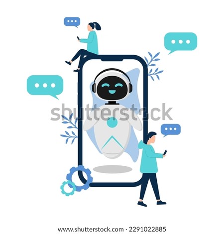 Illustration with artificial intelligence chat bot, character in the phone and chatting. The phone is surrounded by characters of people with a phone who communicate with the chat bot. Royalty-Free Stock Photo #2291022885