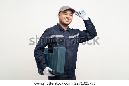 Technician workers in uniform maintenance service with equipment tools box. Profession of service industry house repair. Home services isolated background. Royalty-Free Stock Photo #2291025795