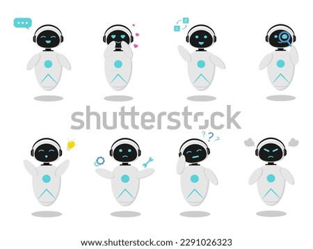 A set of stickers with a robot, with different emotions. Robot with artificial intelligence for chatbot communication. The design is minimalistic in a flat style. Royalty-Free Stock Photo #2291026323
