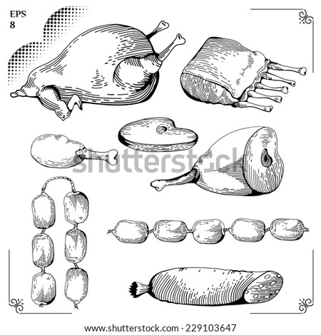 Chicken and Chicken leg, Gammon, Ribs, Sausage, Steaks. Cartoon illustration. Meat set. Graphics  picture. Engraving style. Eps 8