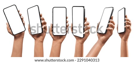 A set of female hands with a smartphone featuring a frameless blank screen. 6 available positions that you can use for your project. A template for a mobile application. 3d illustration