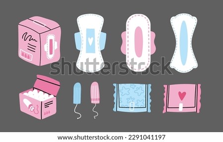 Set of different menstrual pads, sanitary napkins and tampons isolated. Cute hand drawn feminine intimate care goods for menstruation periods. Sanitary pads and cotton tampons packaging vector design. Royalty-Free Stock Photo #2291041197