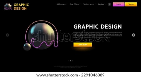 Graphic Design Courses Website Template on Black Background. Vector clip art for your education project in modern style design.